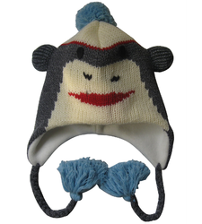 Grey Blue Cream Monkey Nepal Hat Fleece Lined